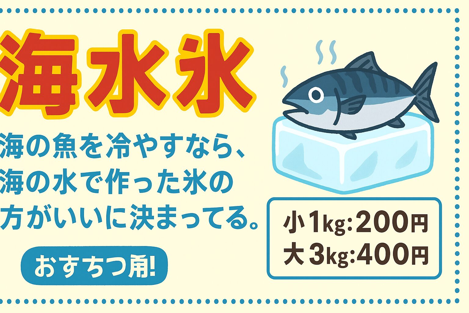 海水氷（1kg 200円 / 3kg 400円） は、釣太郎オリジナル。異常なほど売れています。