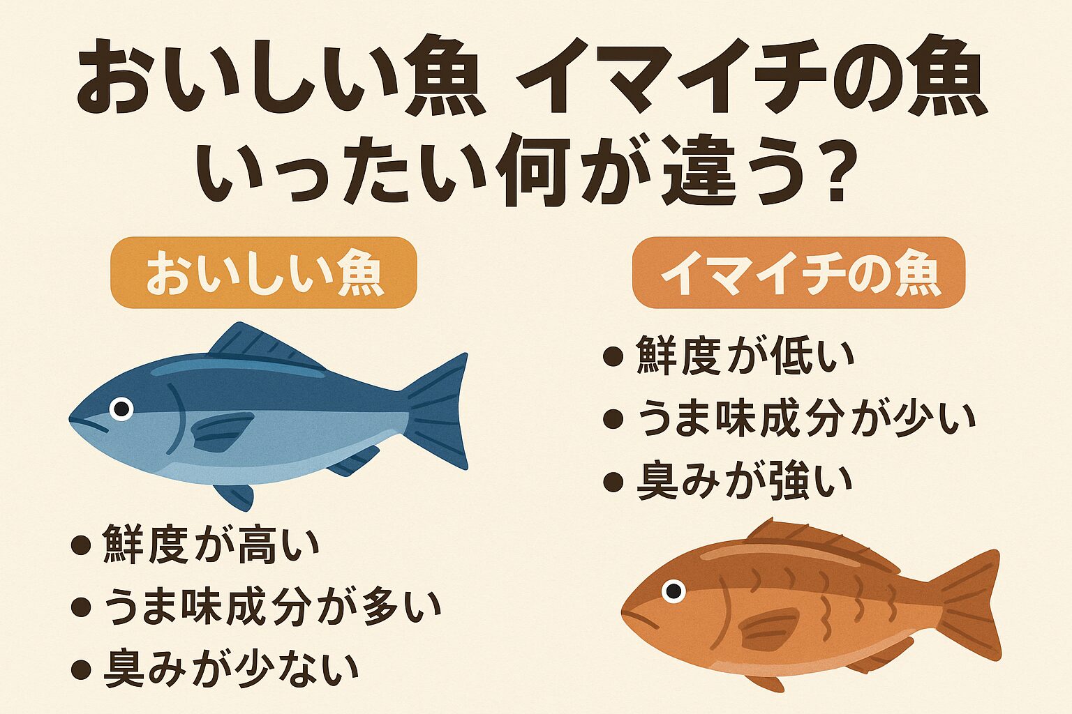 美味しい魚とイマイチな魚の違いは、鮮度・旨味成分・脂質バランス・食感・調理適性 によって決まります。釣太郎