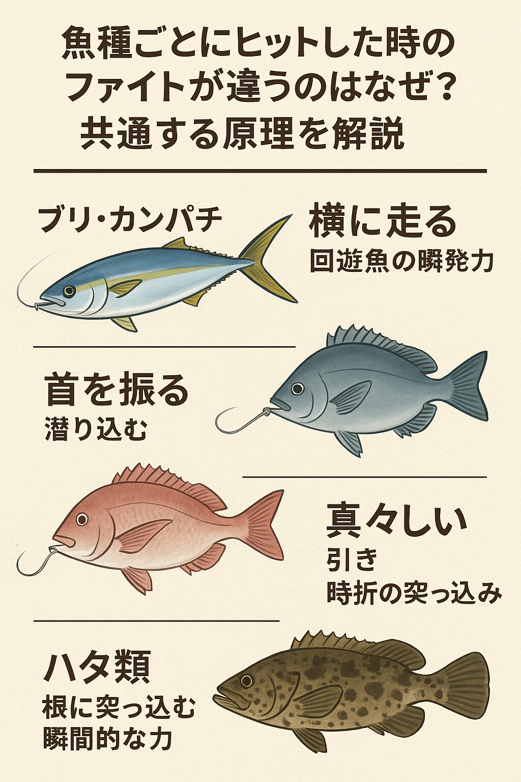 魚種ごとのファイトの違いは、体型・筋肉構造・生活環境・捕食方法の違いが組み合わさった結果です。釣太郎