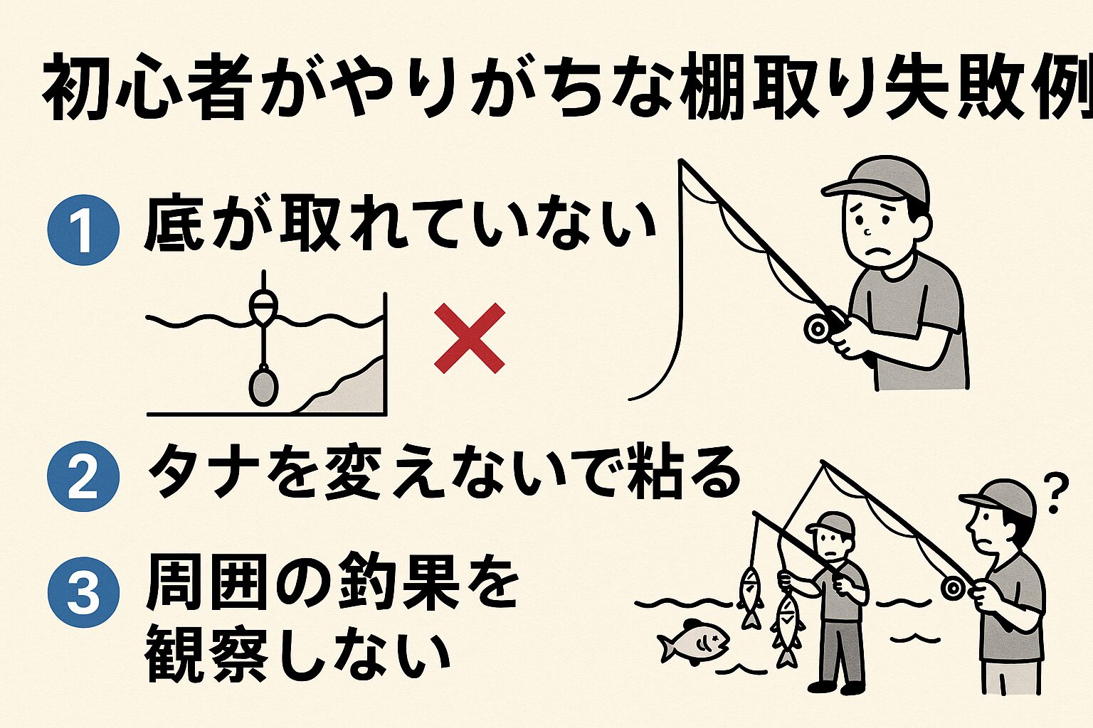 初心者がやりがちな棚取りの失敗は次の3つ。底を取れていない タナを変えずに粘る 周囲の釣果を観察しない 釣果を伸ばすには、まずこの3つを克服することが大切です。釣太郎