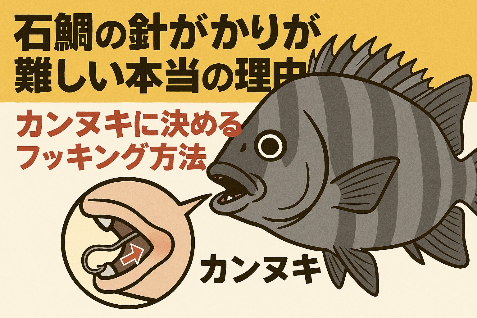 石鯛釣りで針がかりが難しい最大の理由は、石鯛の口が鋼鉄並みに硬く、針が刺さるポイントがカンヌキだけに限られているからです。そのため、フッキングのタイミングと角度、針先の鋭さが釣果を大きく左右します。釣太郎