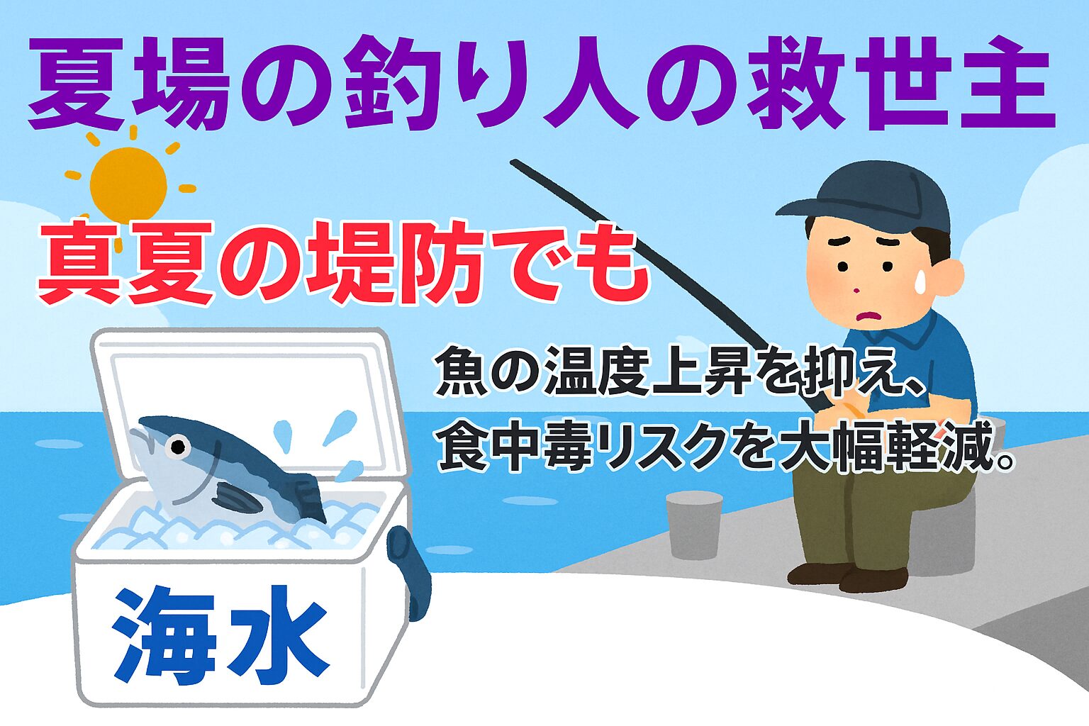 夏の釣りは魚の温度管理が命・海水氷なら強力な冷却力と塩分効果で食中毒リスクを大幅軽減 ・安全で美味しい釣果を持ち帰るために、夏の釣りには必携.釣太郎