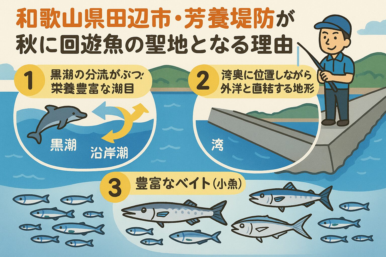 和歌山県田辺市芳養（はや）堤防は、黒潮の分流による栄養豊富な潮目、外洋と直結する地形、豊富なベイトという3つの条件が重なった「回遊魚の一級ポイント」。釣太郎