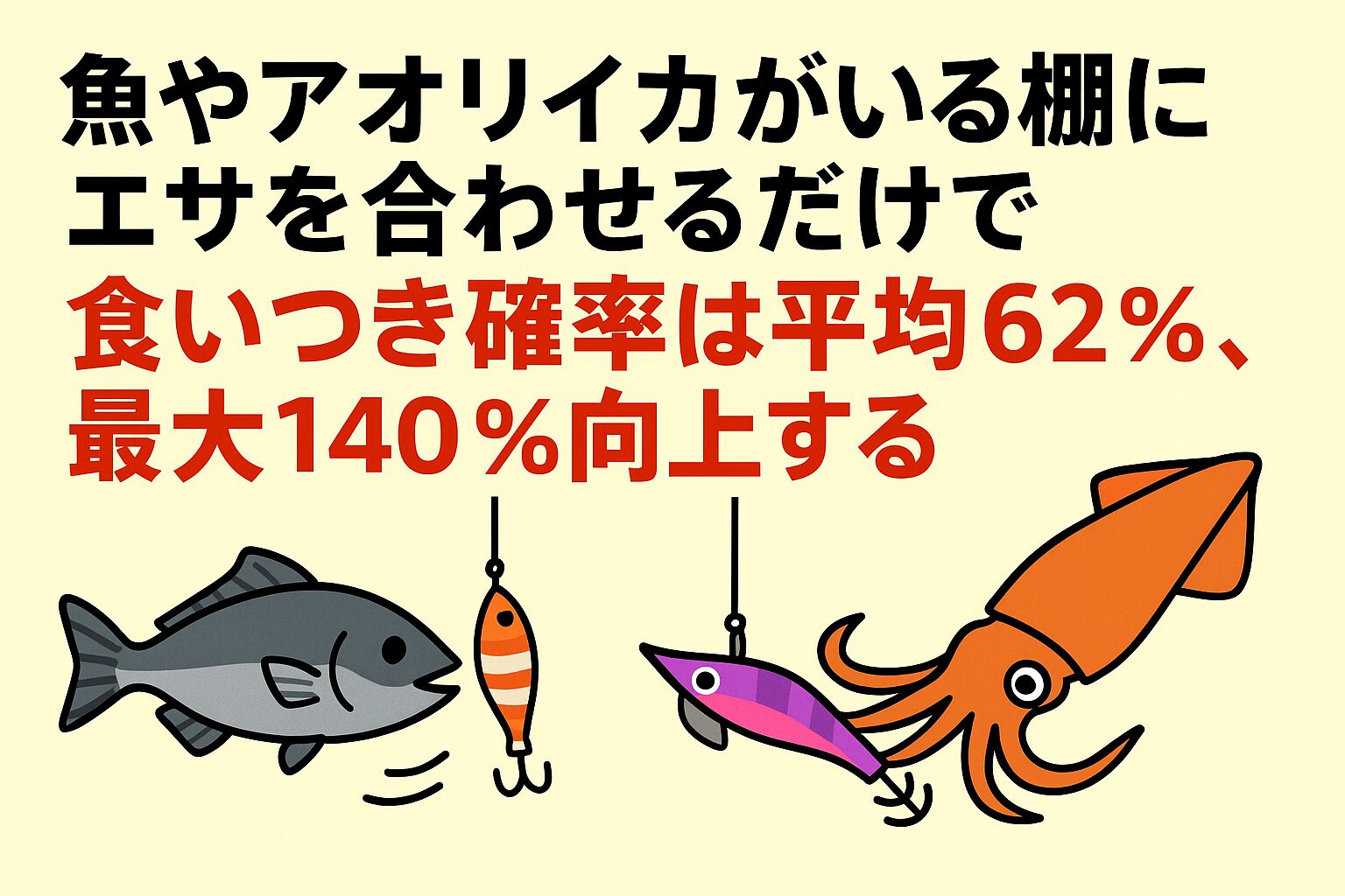 魚やアオリイカのいる棚にエサを合わせるだけで、食いつき確率は平均62％、最大140％向上。釣太郎