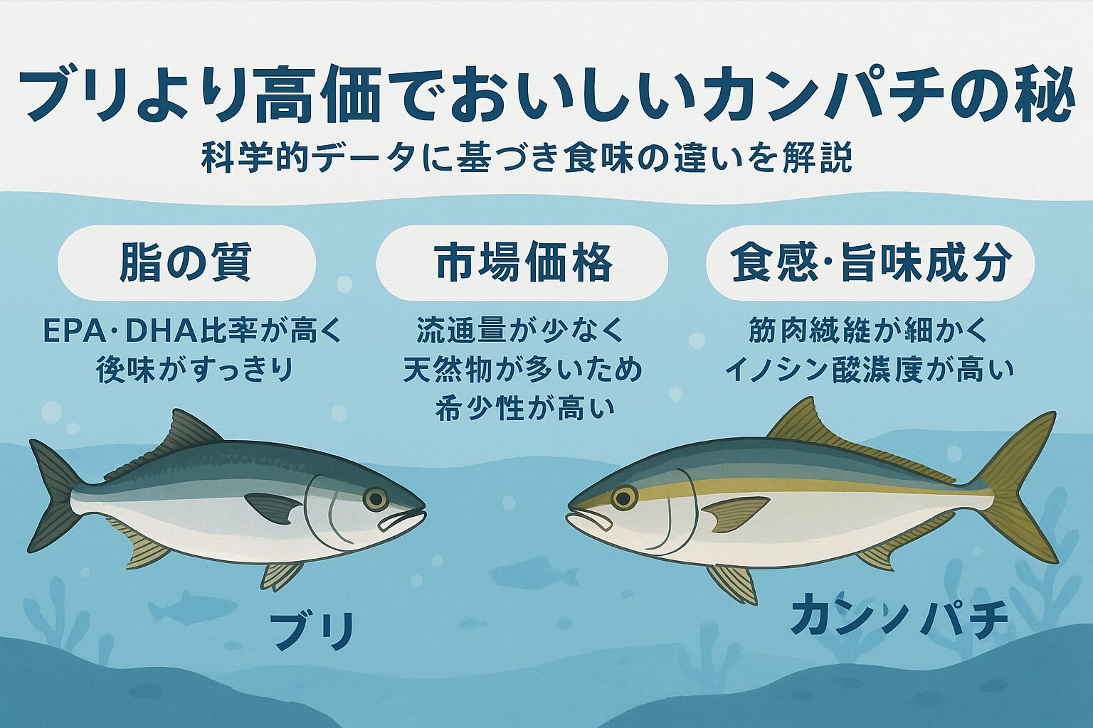 カンパチはEPA・DHA比率が高く、後味すっきり。・食感：細かい筋肉繊維でコリコリ＋しっとり。旨味成分：ATP・イノシン酸ともにブリより高く、甘みが強い。これらが「ブリより美味しい」と言われる科学的根拠。釣太郎