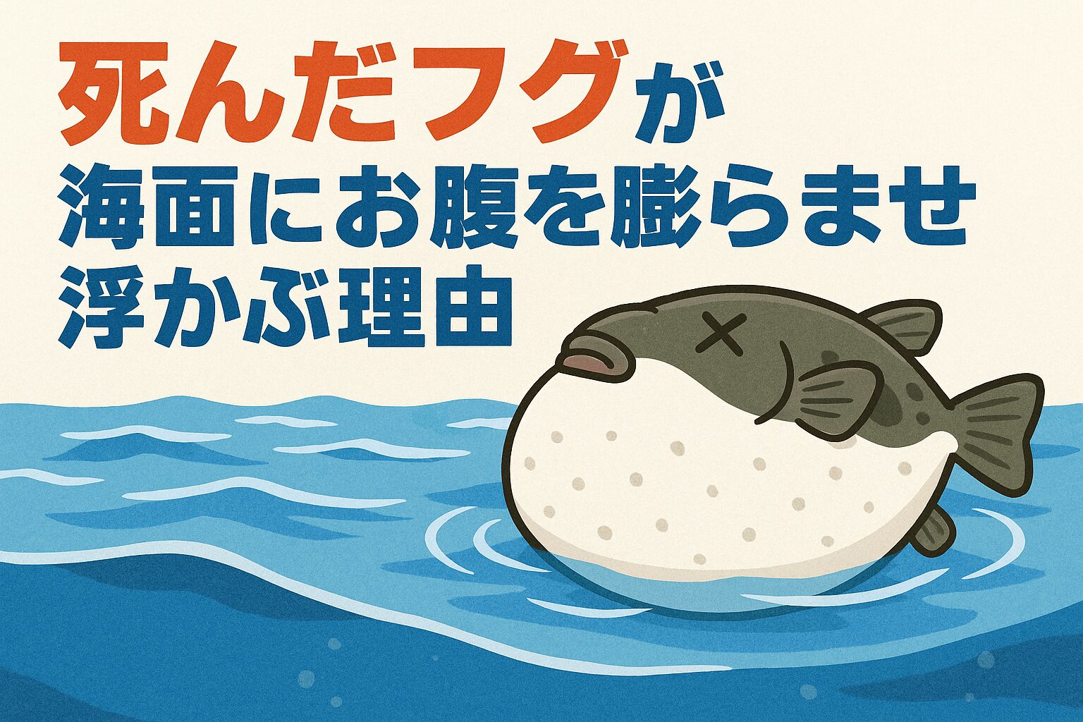 フグが死後に海面に浮かぶ理由は、浮袋・消化ガス・死後膨張など複数の要因が重なるため。お腹を上にして浮かぶ姿は、外敵から身を守る膨張能力が死後も作用している結果。釣太郎