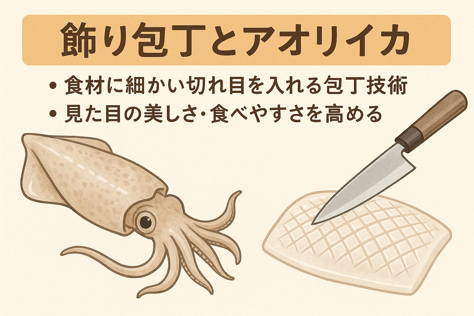 飾り包丁は単なる装飾ではなく、アオリイカの持つ魅力を最大限に引き出す調理法です。釣太郎