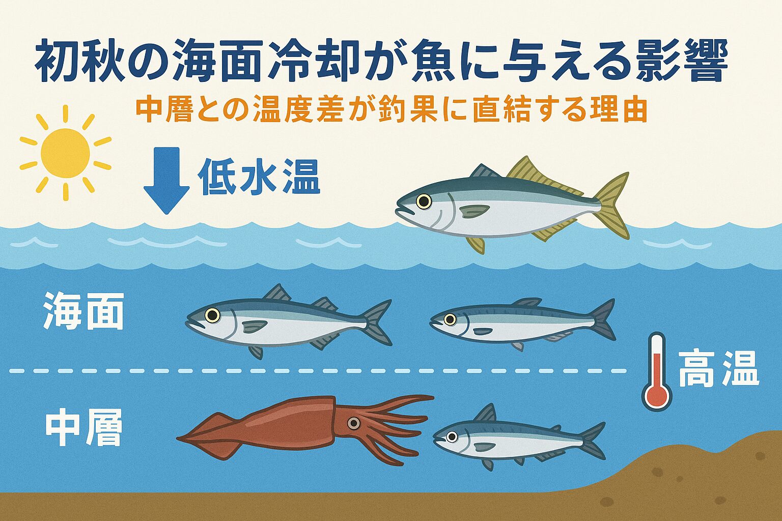初秋は海面の冷え込みと中層の暖かさが共存する「二層構造」の時期です。 魚は水温の安定した中層を選びつつ、酸素が豊富な夜間には表層へ。釣太郎