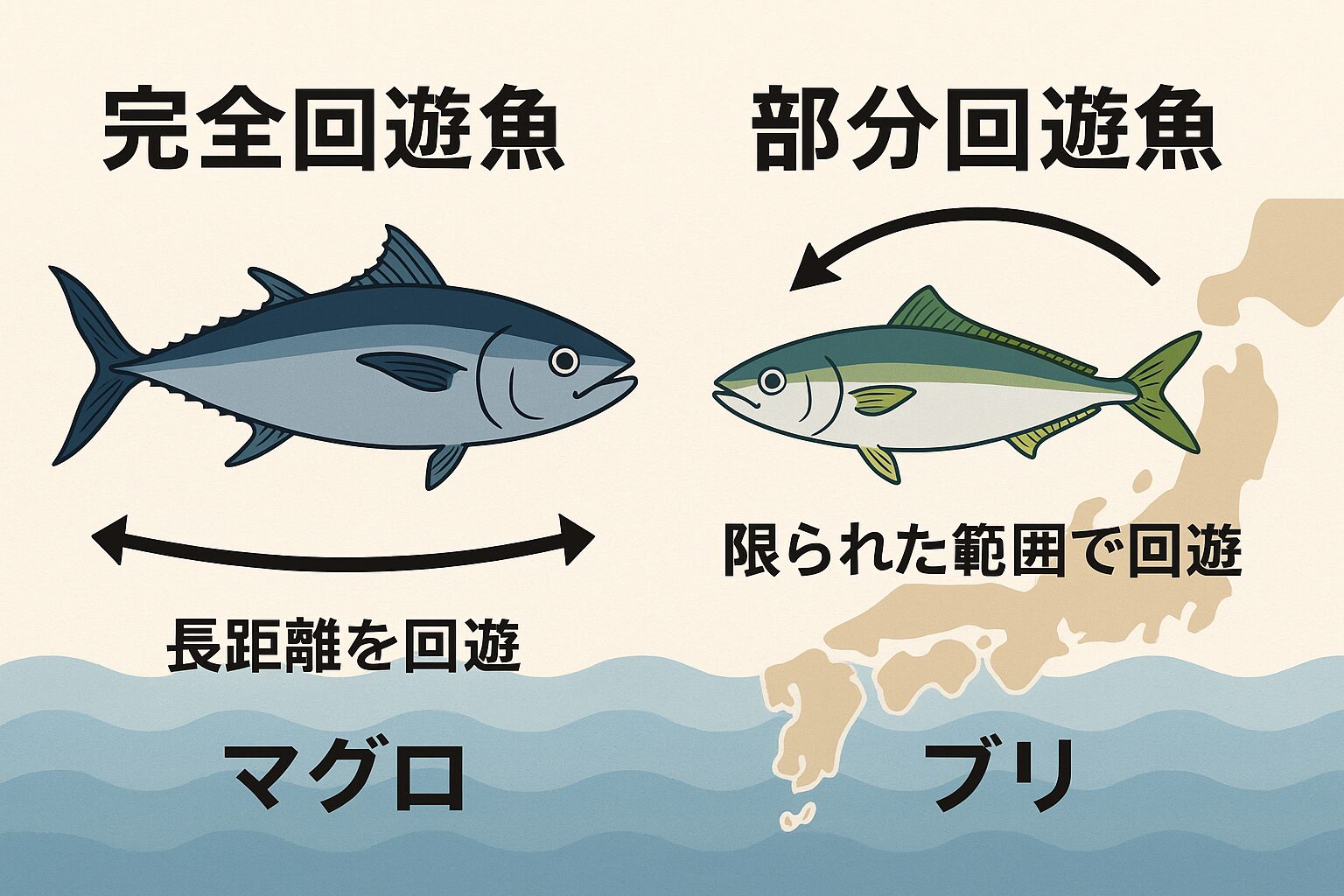 半回遊魚・部分回遊魚は、完全回遊魚ほどの持久力や長距離移動能力はありません。地域内で効率よくエサを得たり、産卵場所を選んで移動する「適応型の魚」釣太郎