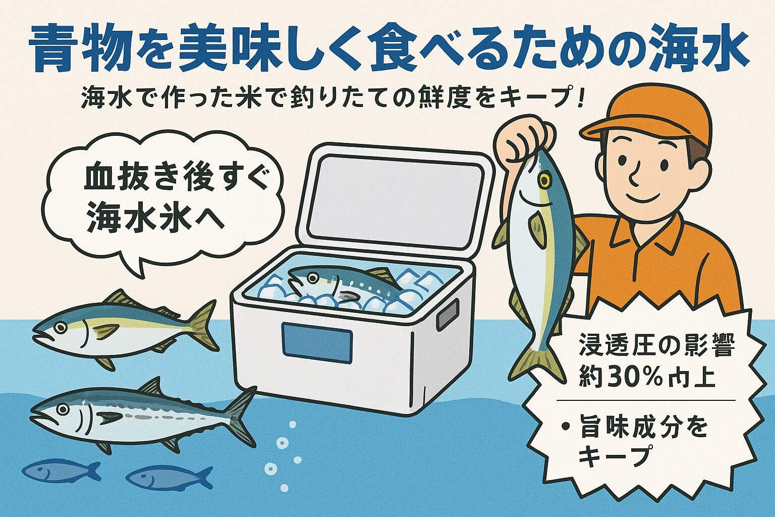 青物の旨味を最大限に引き出すには、海水氷＋血抜き＋即冷却が必須。 真水氷では味が落ちてしまう青物も、海水氷なら釣りたての美味しさをキープできます。釣太郎