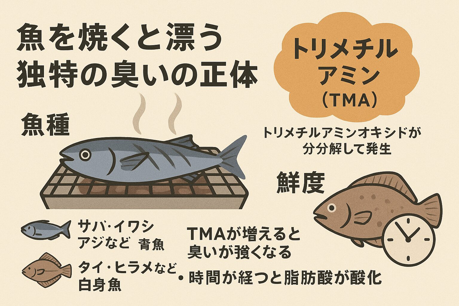 焼き魚の独特な臭いは ・トリメチルアミン ・脂肪酸の酸化・魚種の脂質量・鮮度や保存環境が複雑に絡み合って生まれます。釣太郎