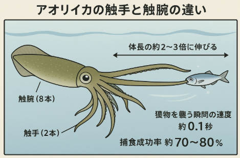 アオリイカの捕食は、
触腕(8本)=押さえ込み役。触手(2本)=捕獲専用、体長の2〜3倍に伸びる。捕食速度=0.1秒以下で瞬間的に獲物を捕らえる。捕食成功率=70〜80%。釣太郎