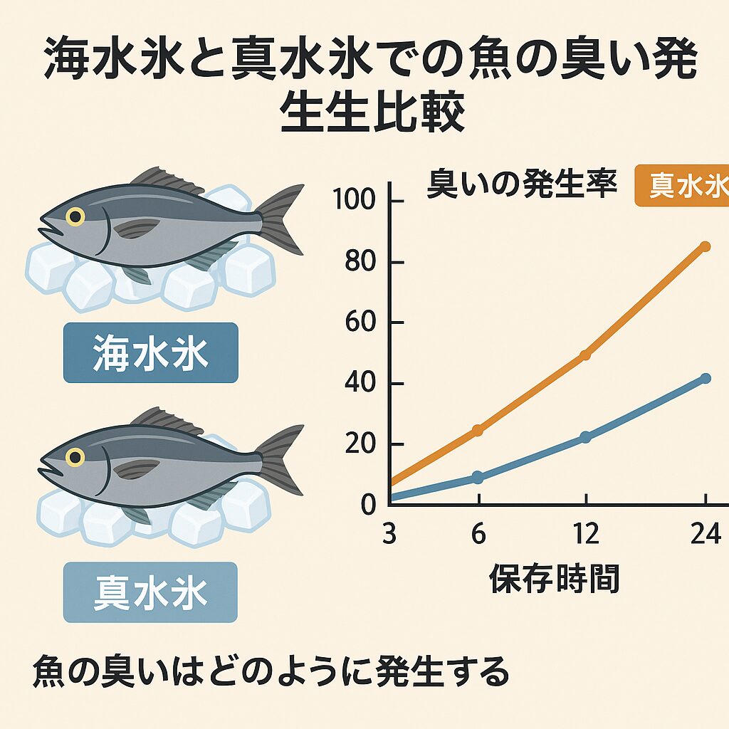 魚の臭いは時間とともに必ず発生する。真水氷では浸透圧の影響で臭い成分が出やすい。海水氷なら冷却力が高く、臭い発生を最大40％抑制。釣太郎