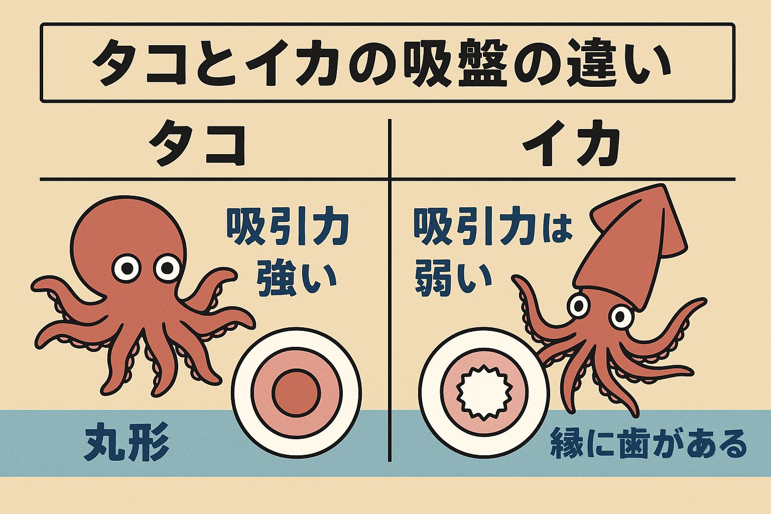 タコの吸盤は「純粋な吸着力」が強く、感覚器官としての役割も持つ。イカの吸盤は「リング状の爪」が特徴で、獲物を逃さない仕組みを備える。釣太郎