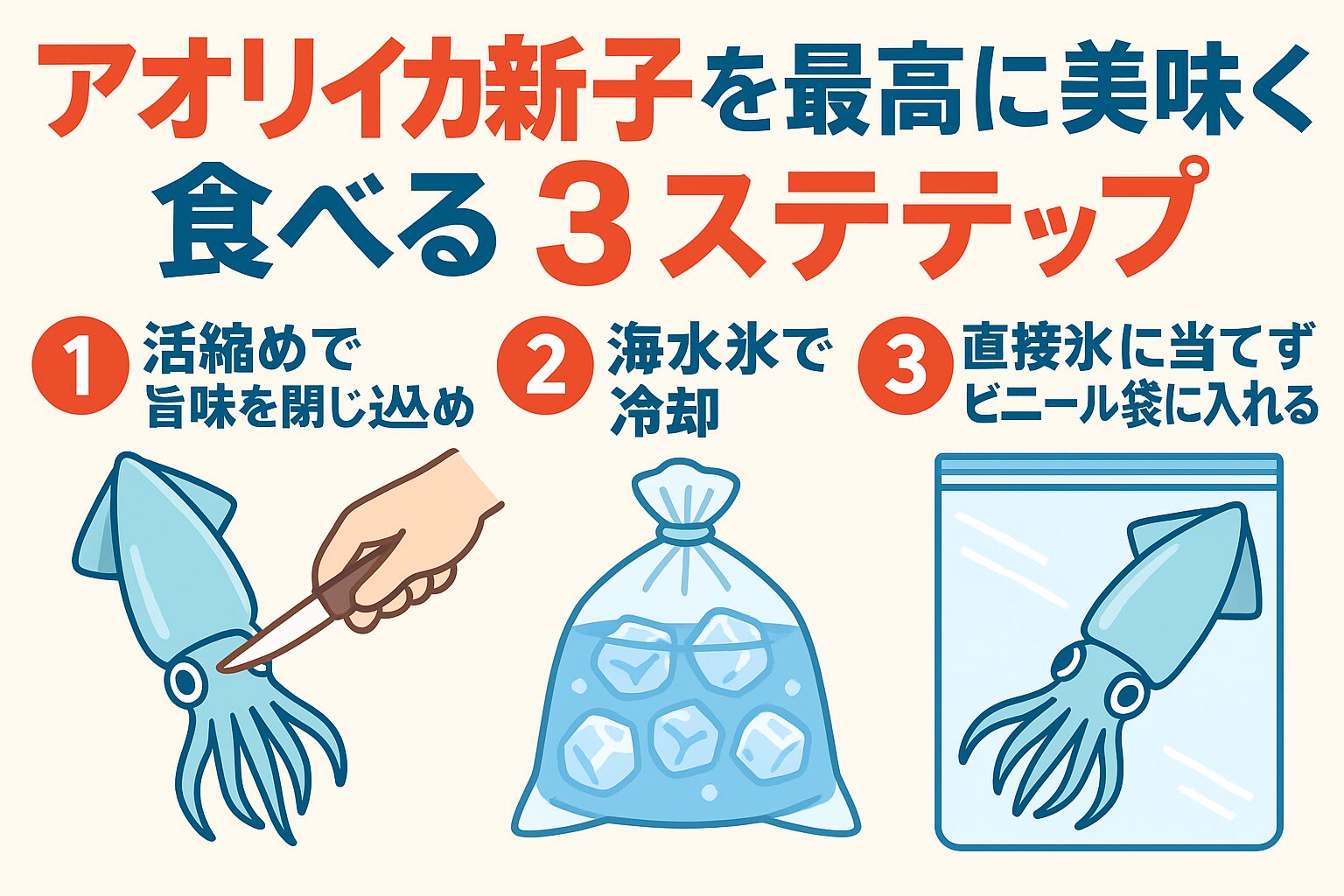 アオリイカ新子は鮮度が命。「活締め → 海水氷冷却 → ビニール袋保存」の3ステップを守ることで、透明感と甘みが長時間維持されます。釣太郎