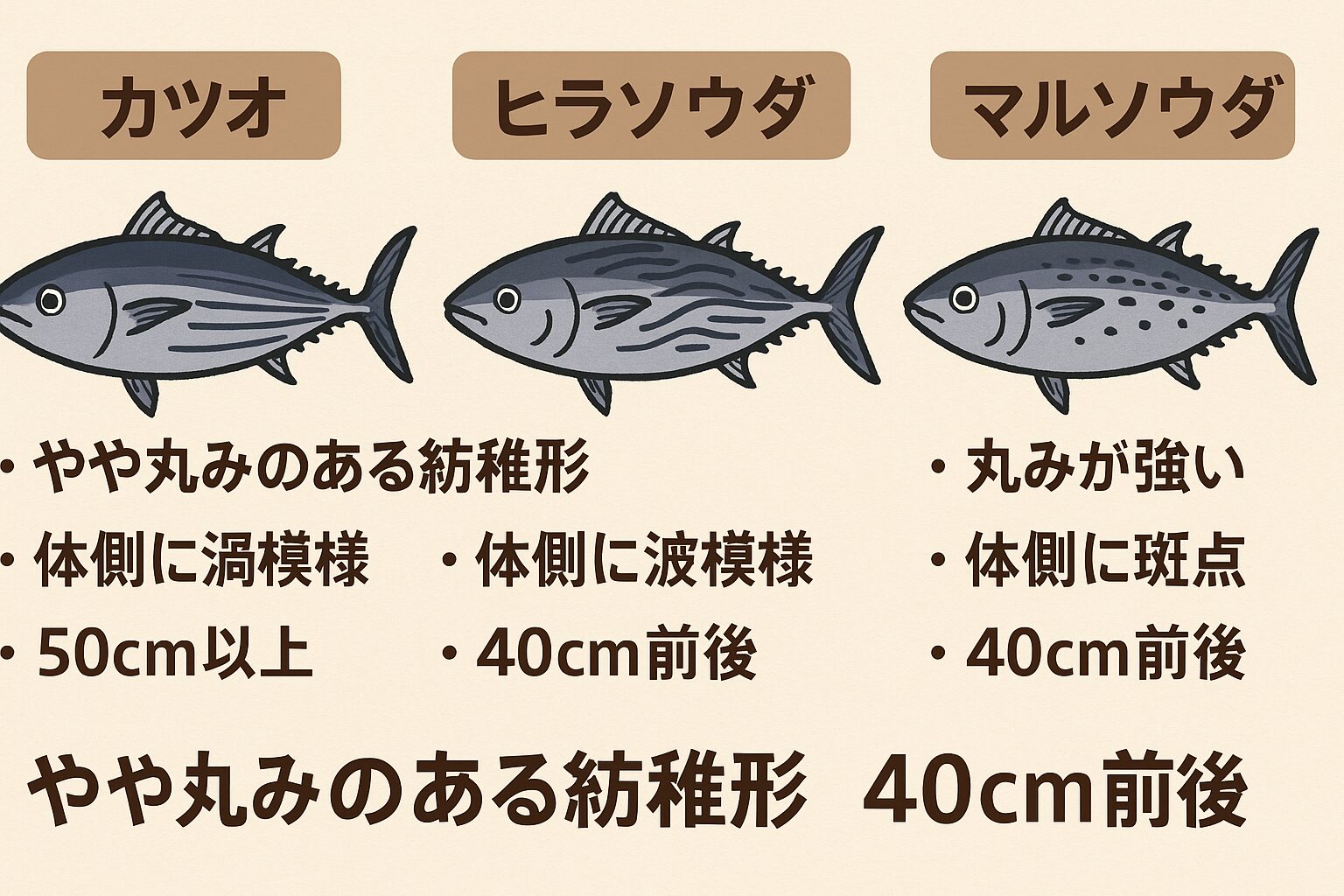 カツオ＝カツオ属。食味・市場価値が高い赤身魚。ソウダガツオ＝ソウダガツオ属。身質が柔らかく加工品向けだが、ヒラソウダは刺身でも美味。違いは「属」「外見」「鮮度保持力」「利用法」に現れる。釣太郎