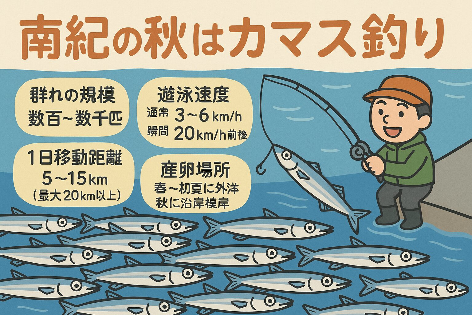 南紀の秋カマスは ・群れ規模：数百〜数千匹・遊泳速度：通常3〜6km/h、瞬間20km/h前後・1日移動距離：5〜15km（最大20km以上）釣太郎