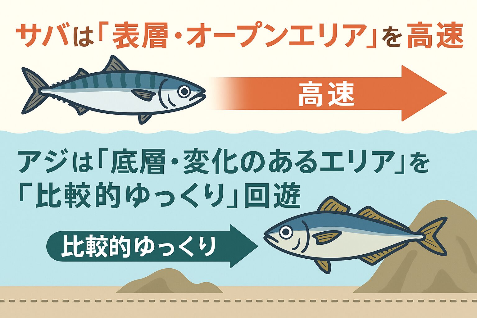 サバは「表層・オープンエリア」を「高速」で回遊する魚。アジは「底層・変化のあるエリア」を「比較的ゆっくり」回遊する魚。釣太郎