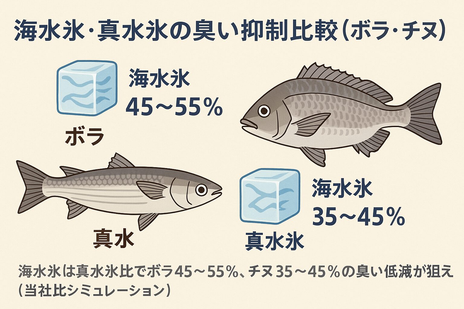 ボラは45〜55%。チヌは35〜45%の臭い低減が、活締め+血抜き+内臓早期除去+海水氷スラリーのセットで現実的に狙えます。釣太郎