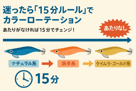 エギングで迷ったら「15分ルール」。・同じ色に固執せず、テンポよくカラーを回す・AI解析でも釣果は約2倍に向上。釣太郎