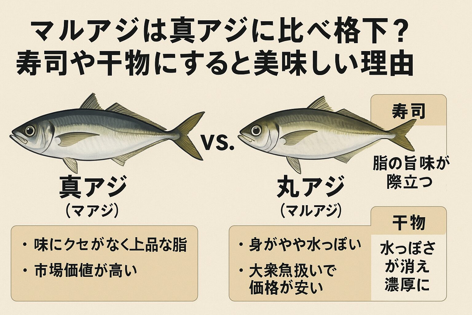 マルアジは真アジに比べ「格下」と思われがちですが、・寿司にすると脂の旨味が際立つ・干物にすると水っぽさが消えて濃厚になる。釣太郎