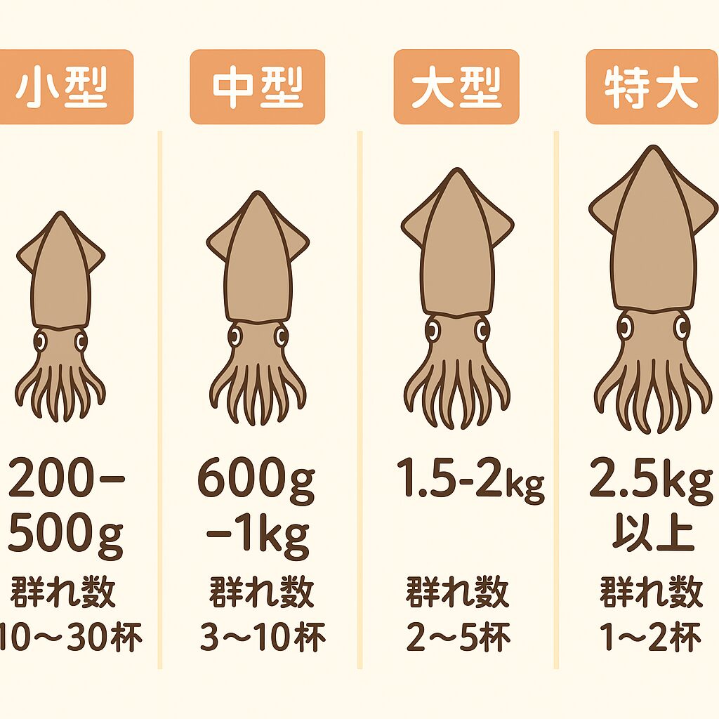 アオリイカの群れは、小型（200〜500g）は大群（10〜30杯）中型（600g〜1kg）は小集団（3〜10杯）大型（1.5〜2kg）はペアや少数群（2〜5杯）特大（2.5kg以上）はほぼ単独（1〜2杯）。釣太郎