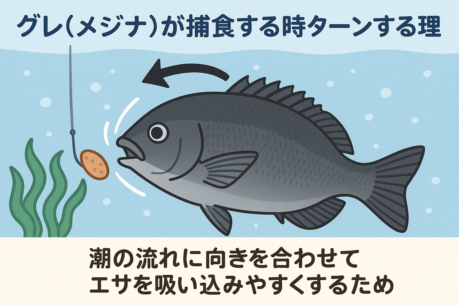 グレ(メジナ)が捕食時にターンする理由は、潮流に合わせた姿勢調整・エサ確認のための視覚行動・口の構造による吸い込み効率 ・群れ内競争といった複数の要因が絡み合っています。釣太郎