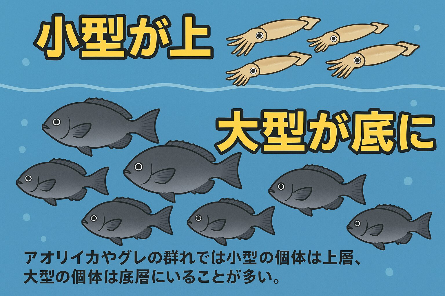 アオリイカや回遊魚、小型が上・大型が下という層分けは、捕食リスク・エサの分布・体力差が複合して起こる。 ・ブリやカマス、アジなど他の回遊魚でも同様の傾向が見られる。釣太郎