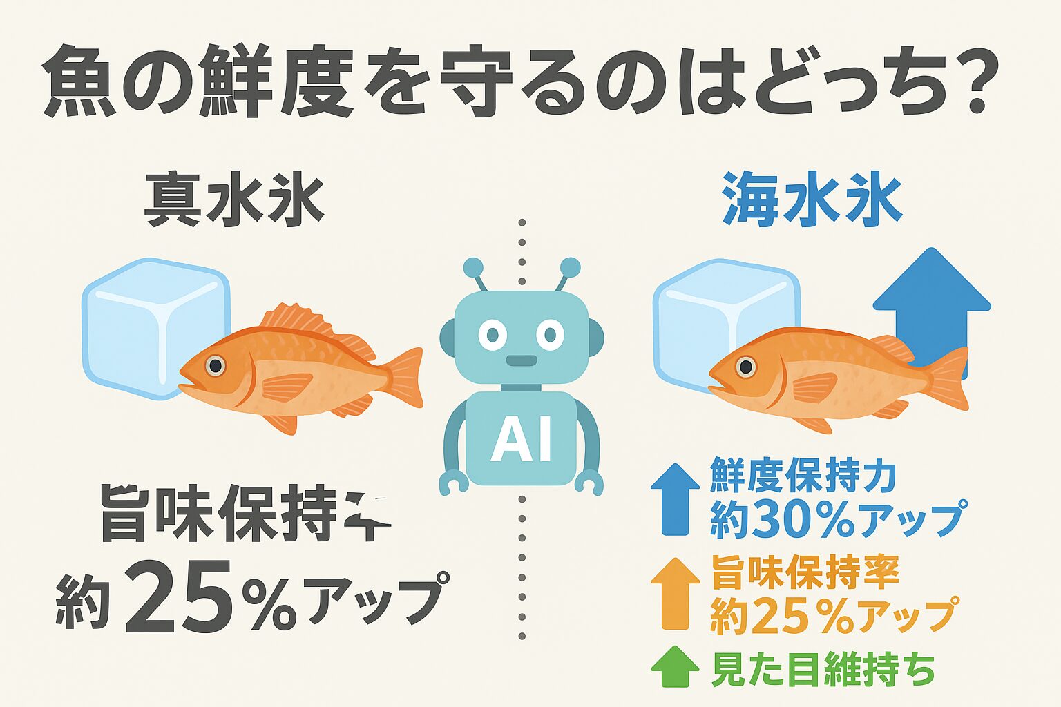 AIによる数値比較でも、海水氷は真水氷に比べて・鮮度保持力:約30%アップ・旨味保持率:約25%アップ。釣太郎
・見た目維持:約2倍長持ち。釣太郎