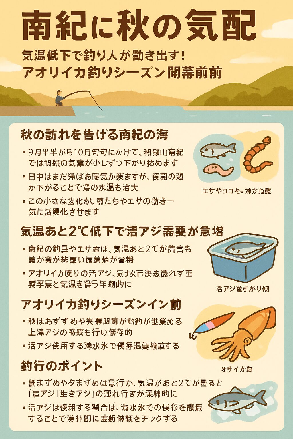 猛暑が落ち着くこの時期こそ、南紀の釣りが一気に盛り上がるチャンス。 ・気温のわずかな変化を見逃さず、アオリイカ釣りシーズンインに備えて準備を整えましょう。釣太郎