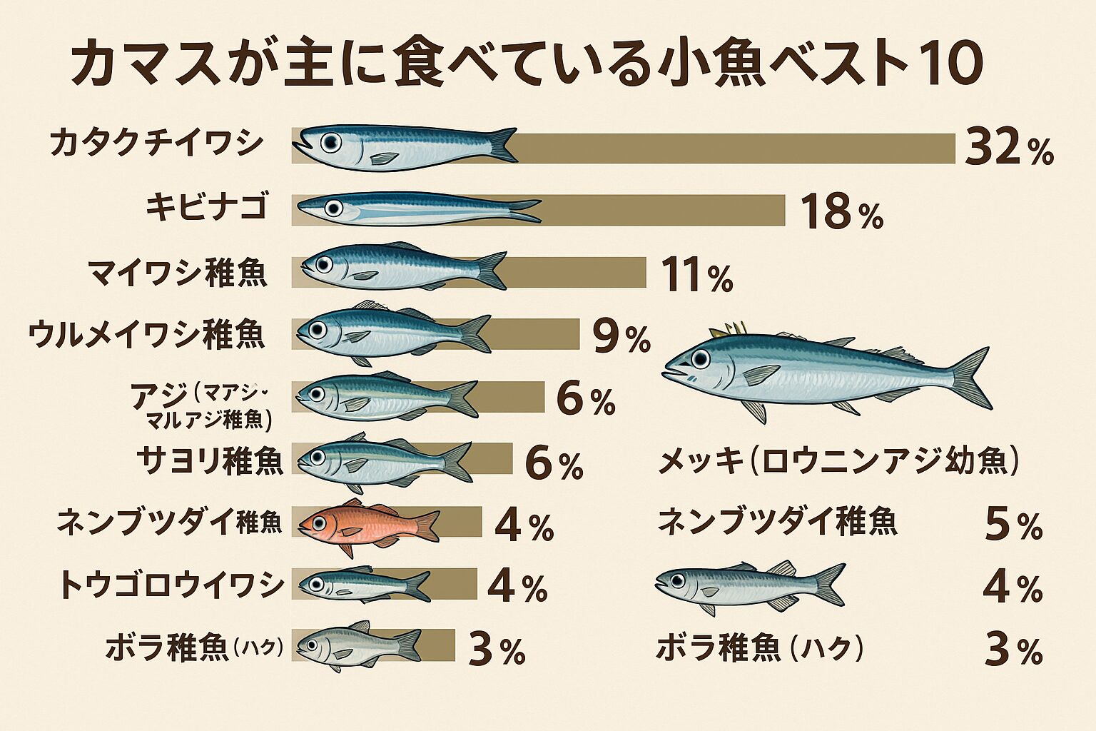 カマスが好んで食べる小魚ベスト10|釣果アップに。役立つ捕食ランキングと摂餌割合。釣太郎