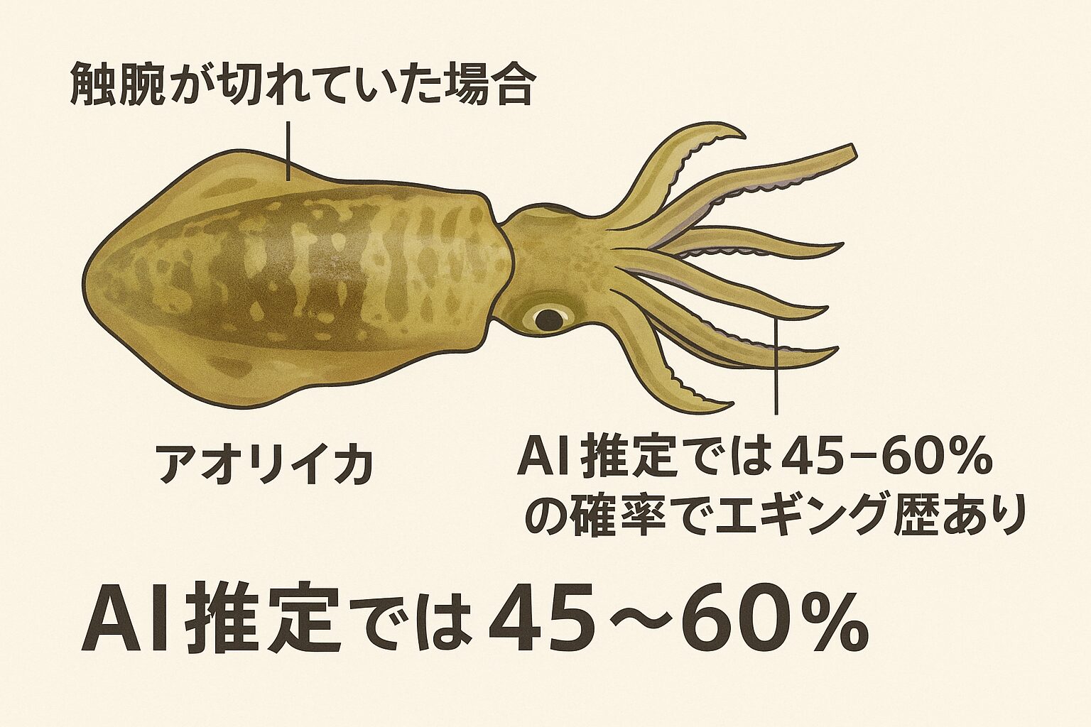 AI推定では45〜60％の確率で過去にエギングで釣られた可能性があります。釣太郎