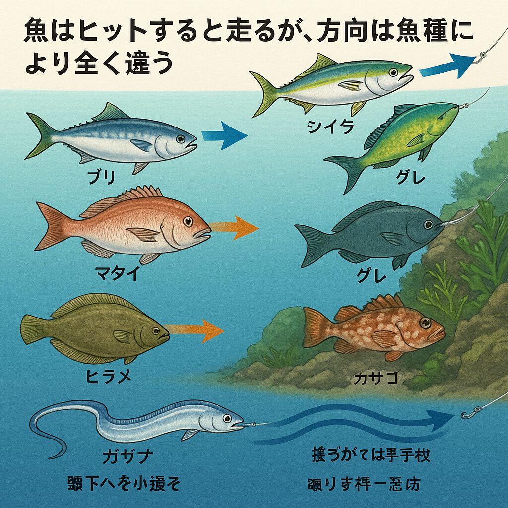 魚がヒットしたときに走る方向は、筋肉構造・体型・環境・本能という4つの要因に支配されています。釣太郎