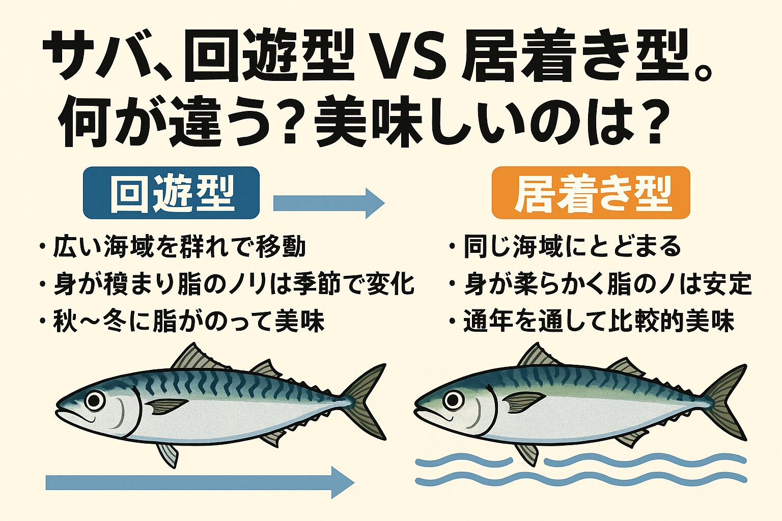 サバの「回遊型」と「居着き型」は、生態の違いがそのまま味や釣果の差として表れます。釣太郎