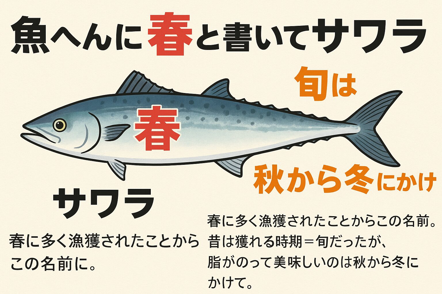 サワラに「春」の字が使われている理由は ・春に産卵のため沿岸に接岸し大量に獲れた ・昔は漁期が「旬」として重視された。釣太郎
