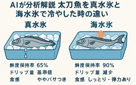 タチウオを真水氷で冷やすと鮮度保持率65％に対し、海水氷は約90％。ドリップ量も約40％減。釣太郎
