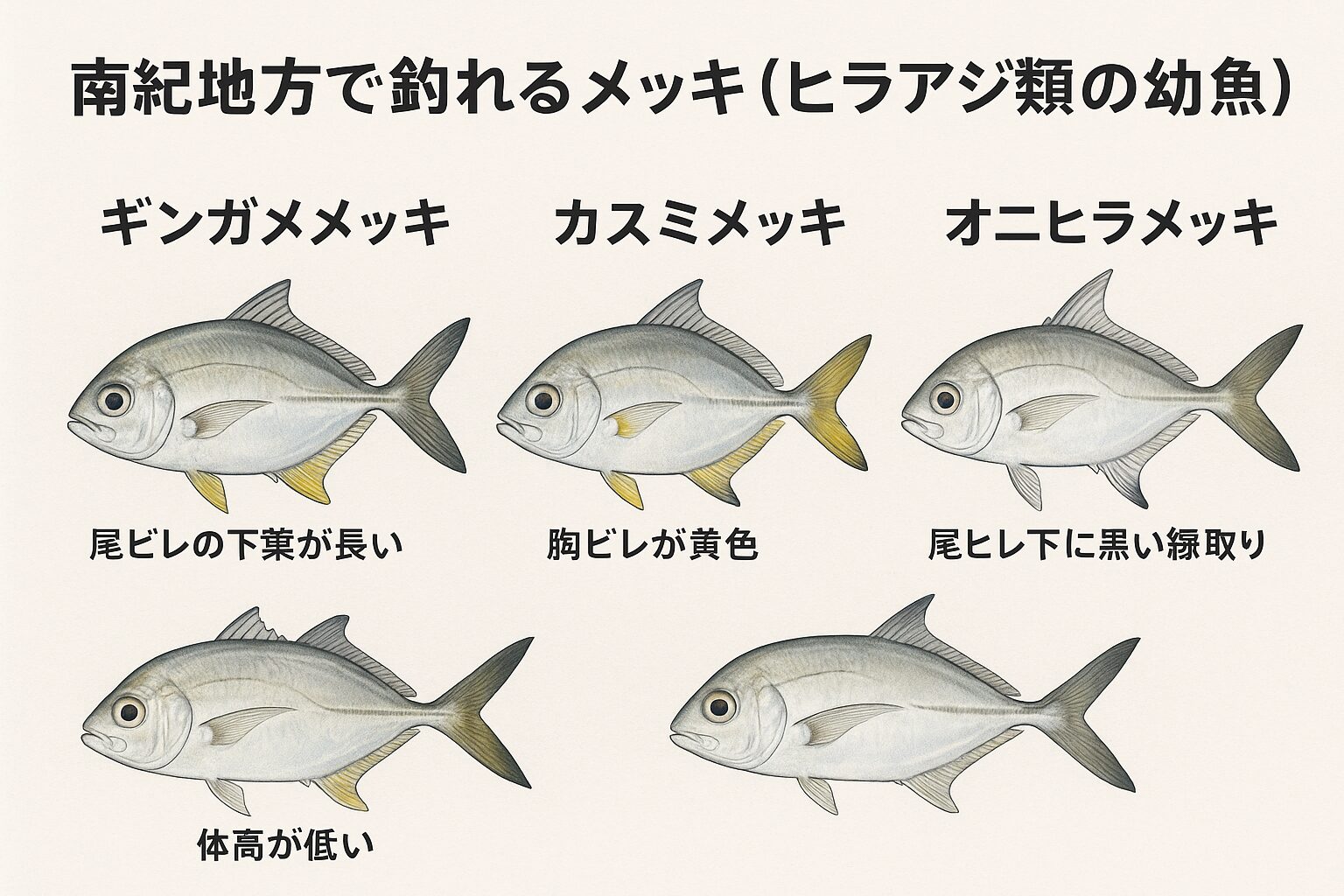 南紀地方で「メッキ」と呼ばれるのは ギンガメアジ、カスミアジ、ロウニンアジ、オニヒラアジの幼魚。釣太郎