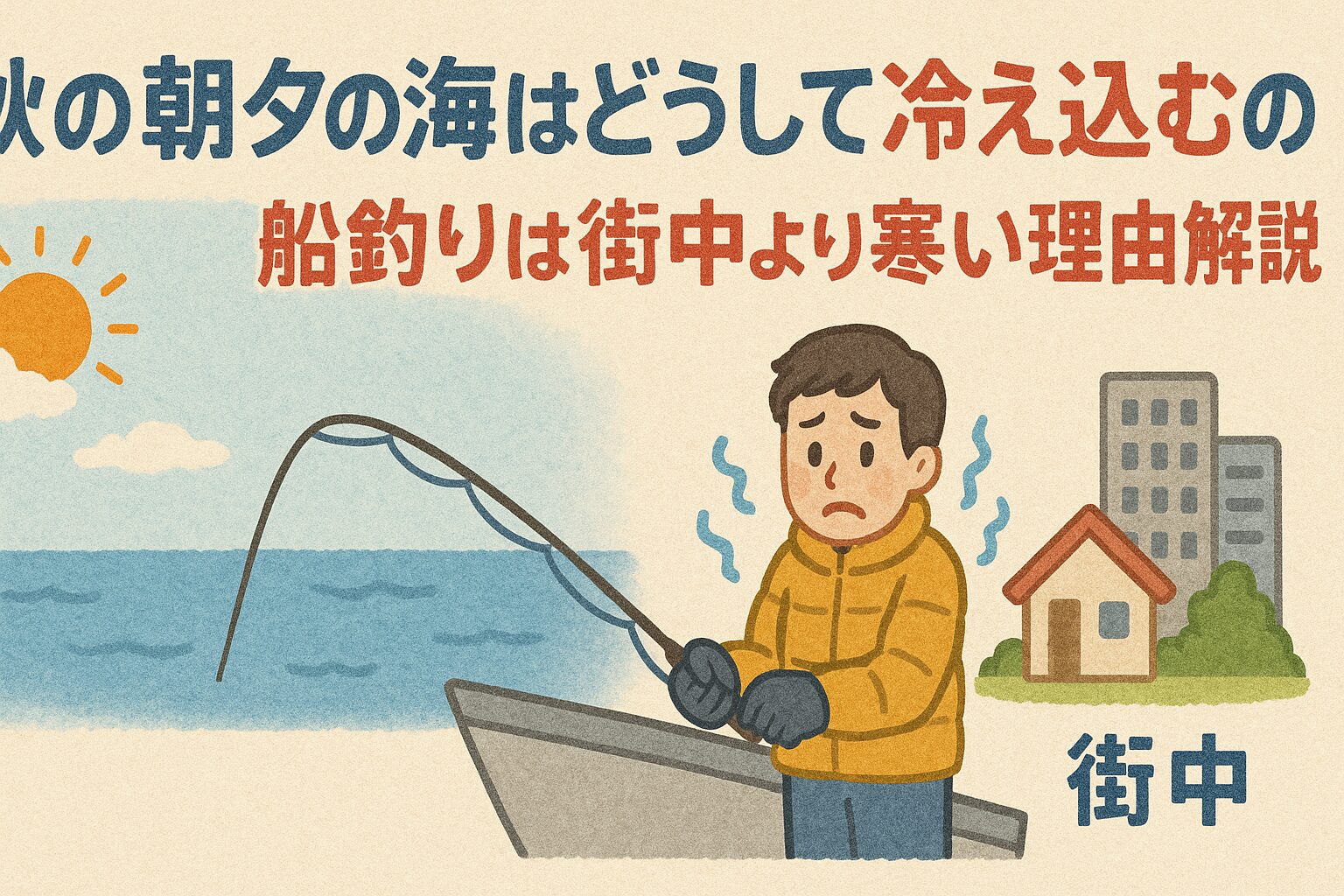 秋の海は昼間こそ快適ですが、朝夕や船上では街中よりも大きく冷え込みます。 その原因は海水の比熱・放射冷却・海風・湿度が複雑に作用しているためです。釣太郎