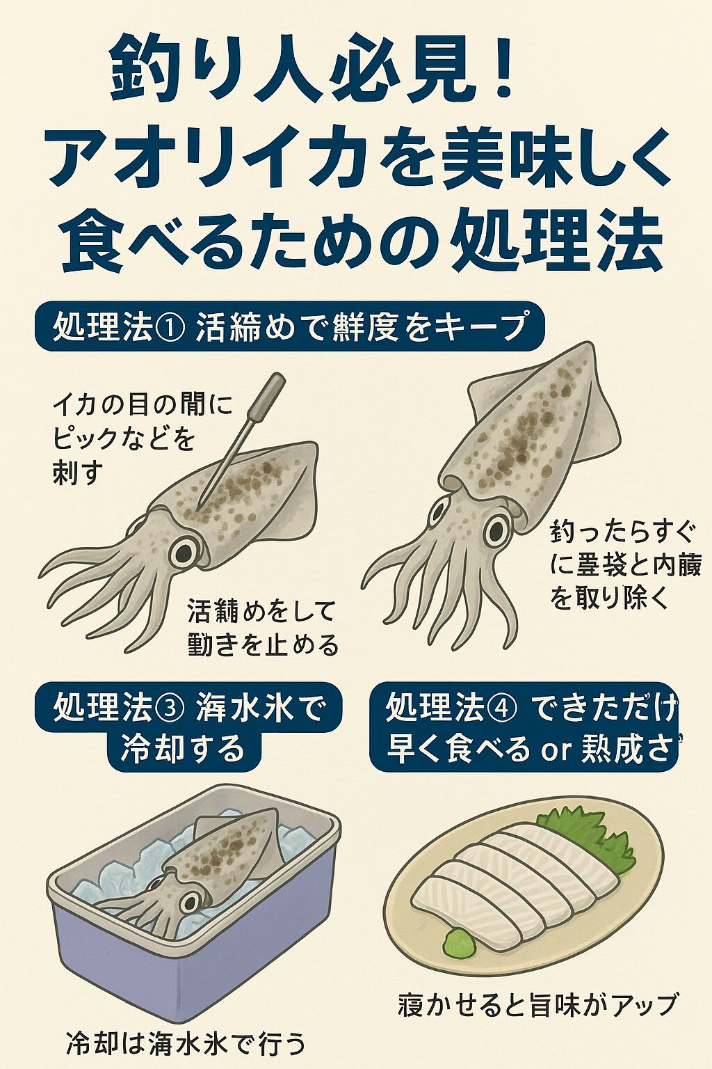 アオリイカを美味しく食べるため、釣ったらすぐに活締めする。墨と内臓はできるだけ早く取り除く。海水氷で冷却して鮮度を守る。釣太郎