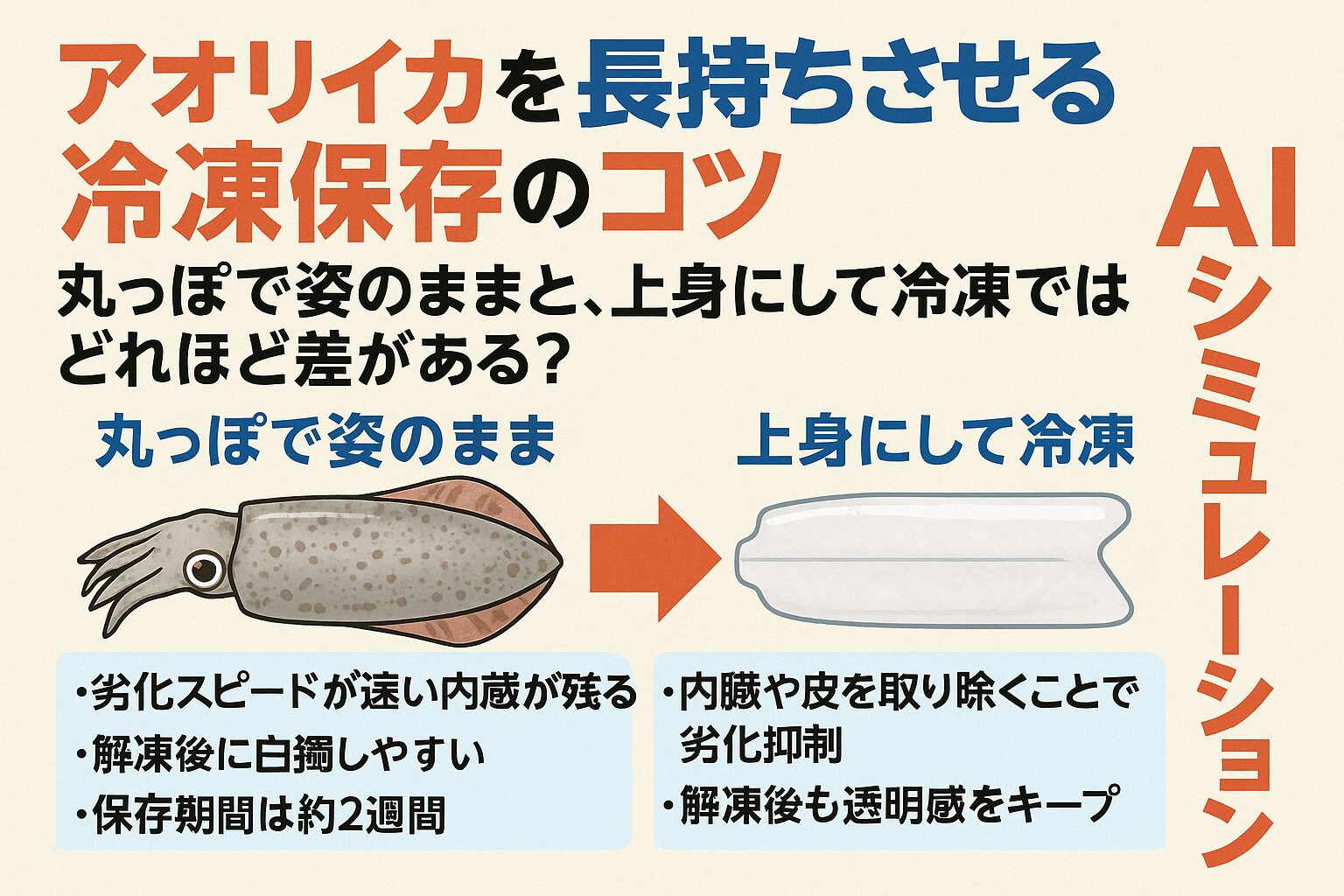 アオリイカ、1週間以内なら「姿のまま冷凍」でも十分美味しい。1か月なら「上身にして冷凍」が圧倒的に有利。釣太郎