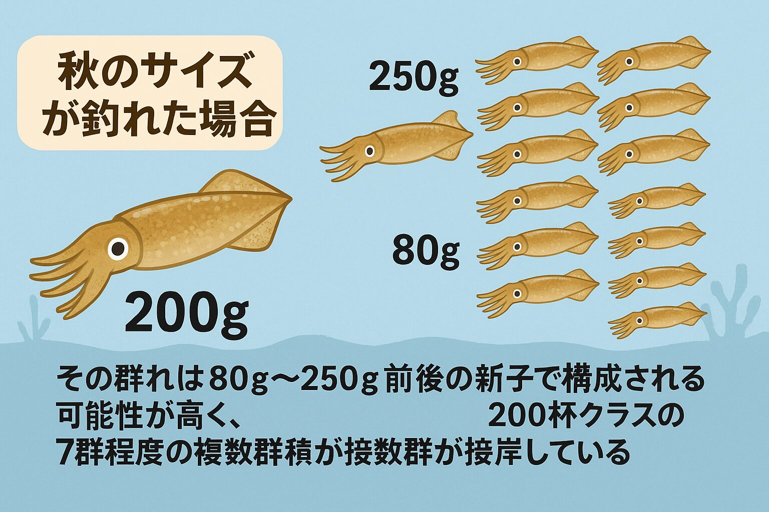 200gサイズが釣れた場合、その群れは80g〜250g前後の新子で構成されている可能性が高く、
200杯クラスの釣果を得るには7群程度の複数群が連続接岸している。釣太郎