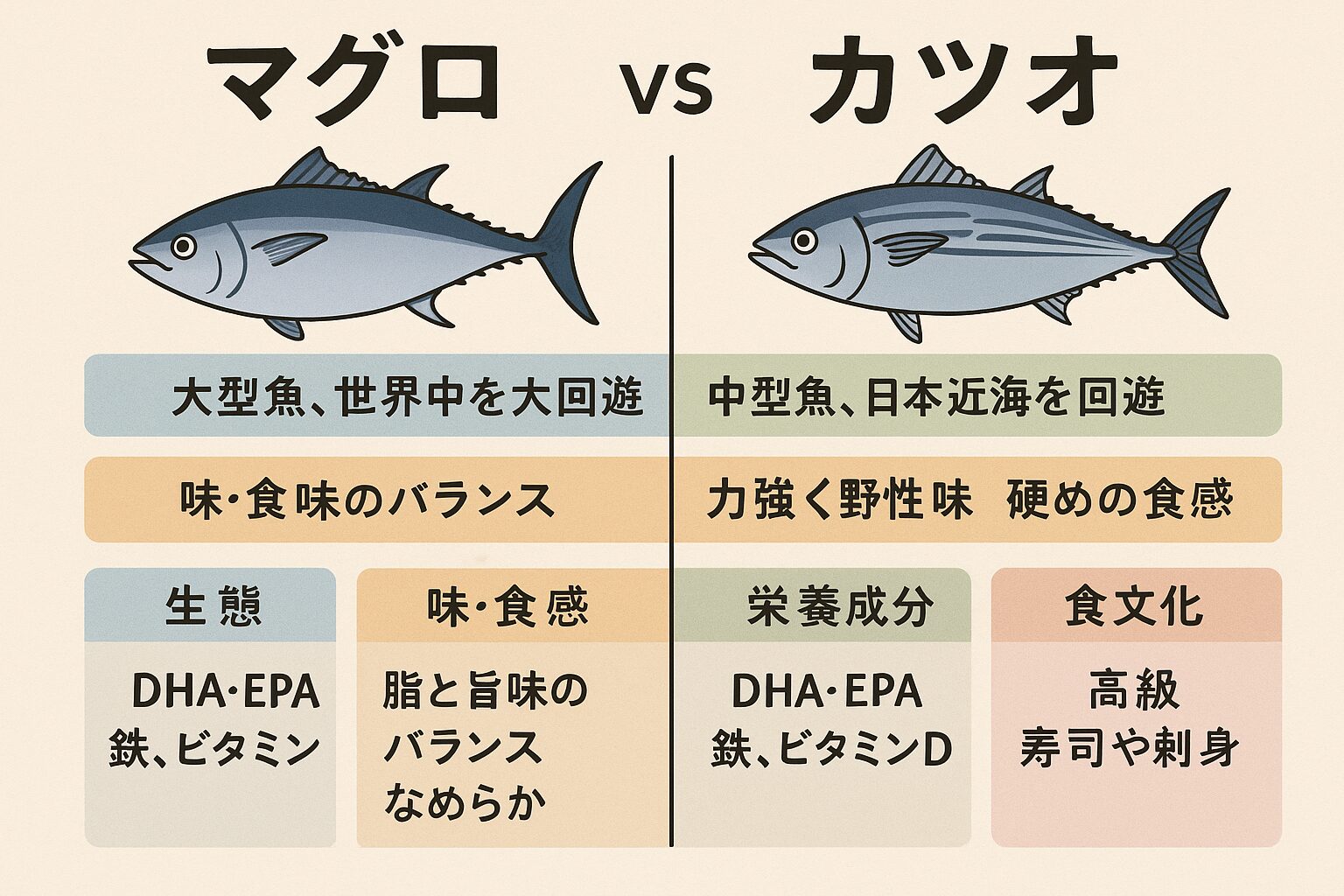 マグロとカツオは「同じ赤身」でも別物・マグロ＝大型で高級、脂と旨味のバランスが魅力。カツオ＝中型で庶民派、力強い風味と季節ごとの味変化が魅力。釣太郎