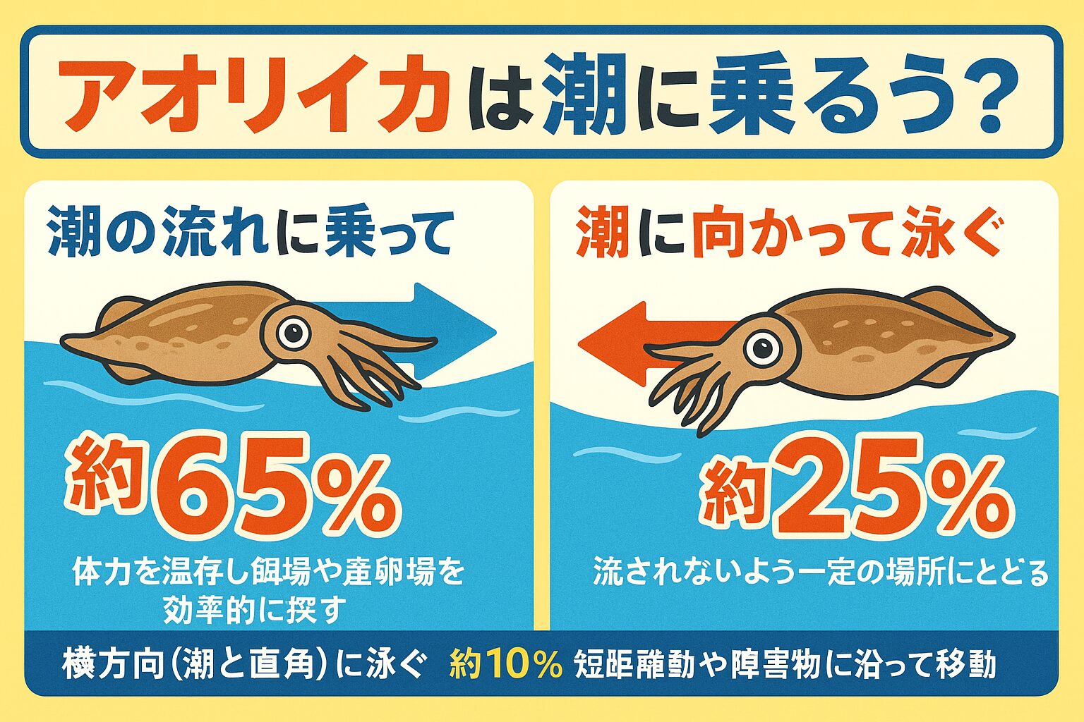 アオリイカは**潮に乗って泳ぐ確率が約65％**と高く、回遊型は体力温存と餌探索を目的に潮流を利用する傾向があります。釣太郎