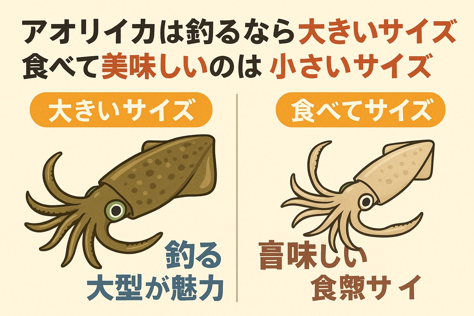 アオリイカは釣るなら大型が魅力。食べて美味しいのは小型。釣太郎