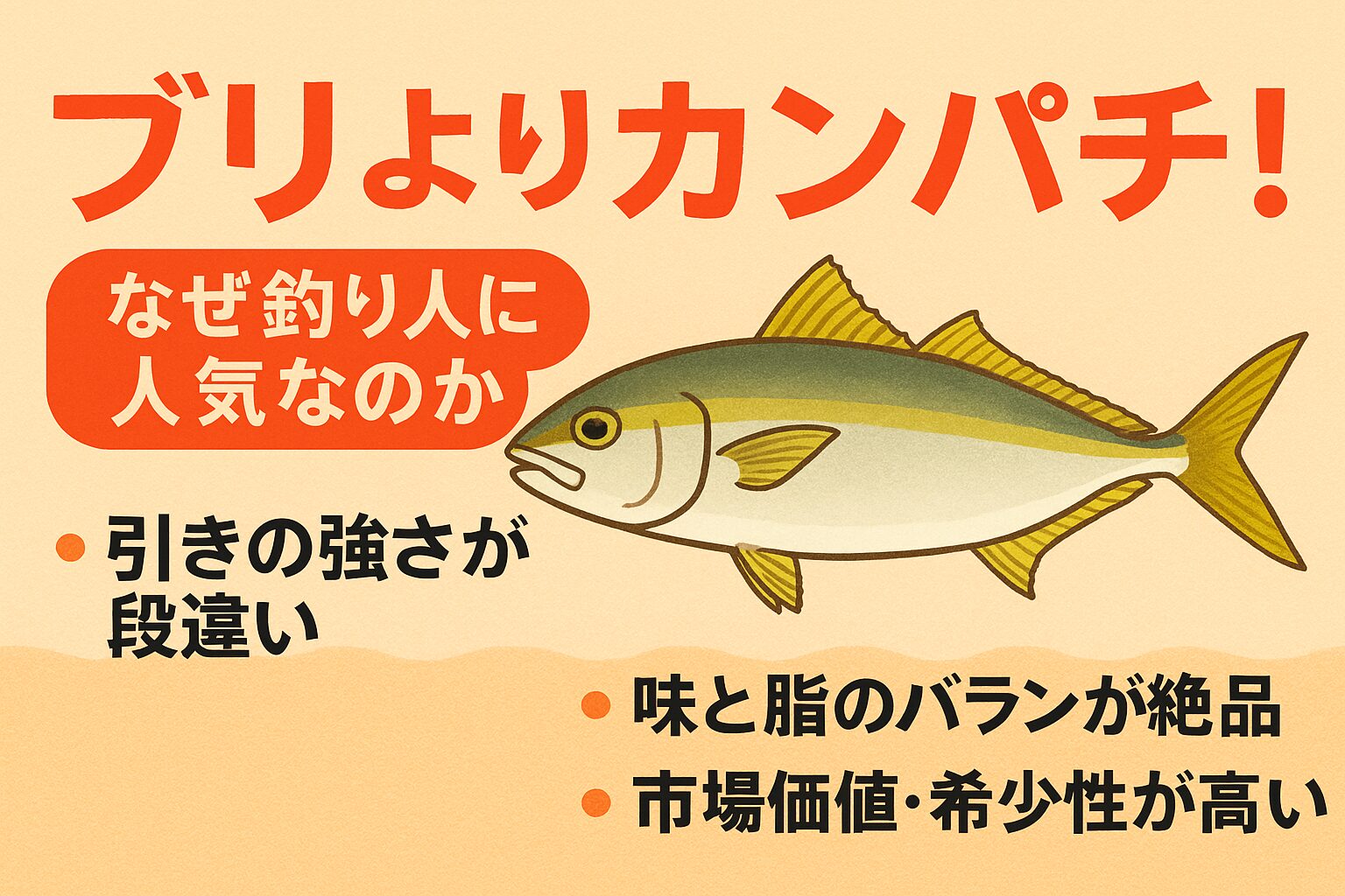 ブリよりカンパチが釣り人に人気が高い理由は、・強烈な縦引きファイト・季節を問わない脂の乗り・市場価値と希少性。この3点に集約されます。釣太郎