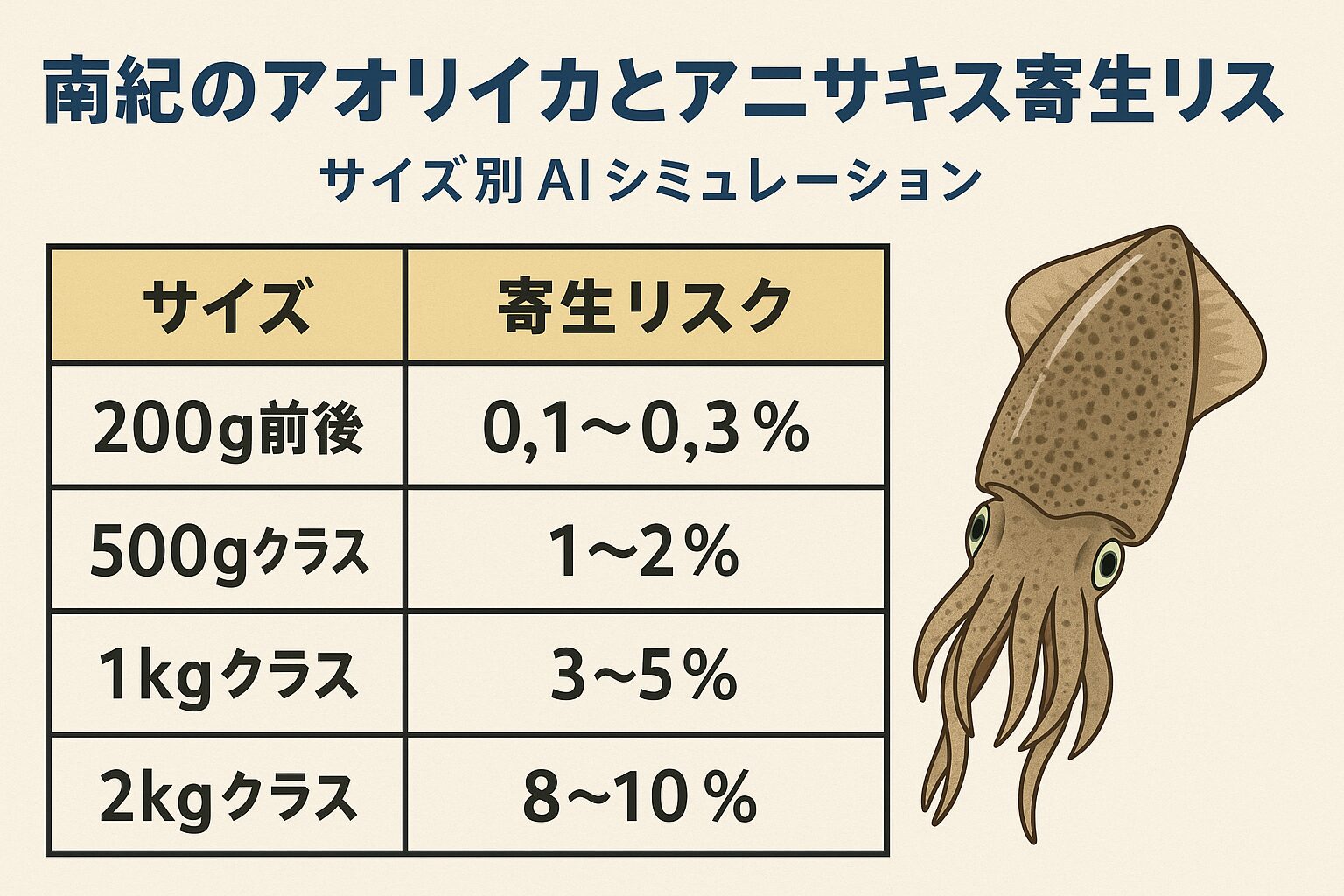 南紀のアオリイカ、200gサイズではほぼゼロに近いが、大型化するほどリスクは上昇。 ・1kgを超えたら「アニサキスがいるかもしれない」と考えて処理するのが安全。釣太郎