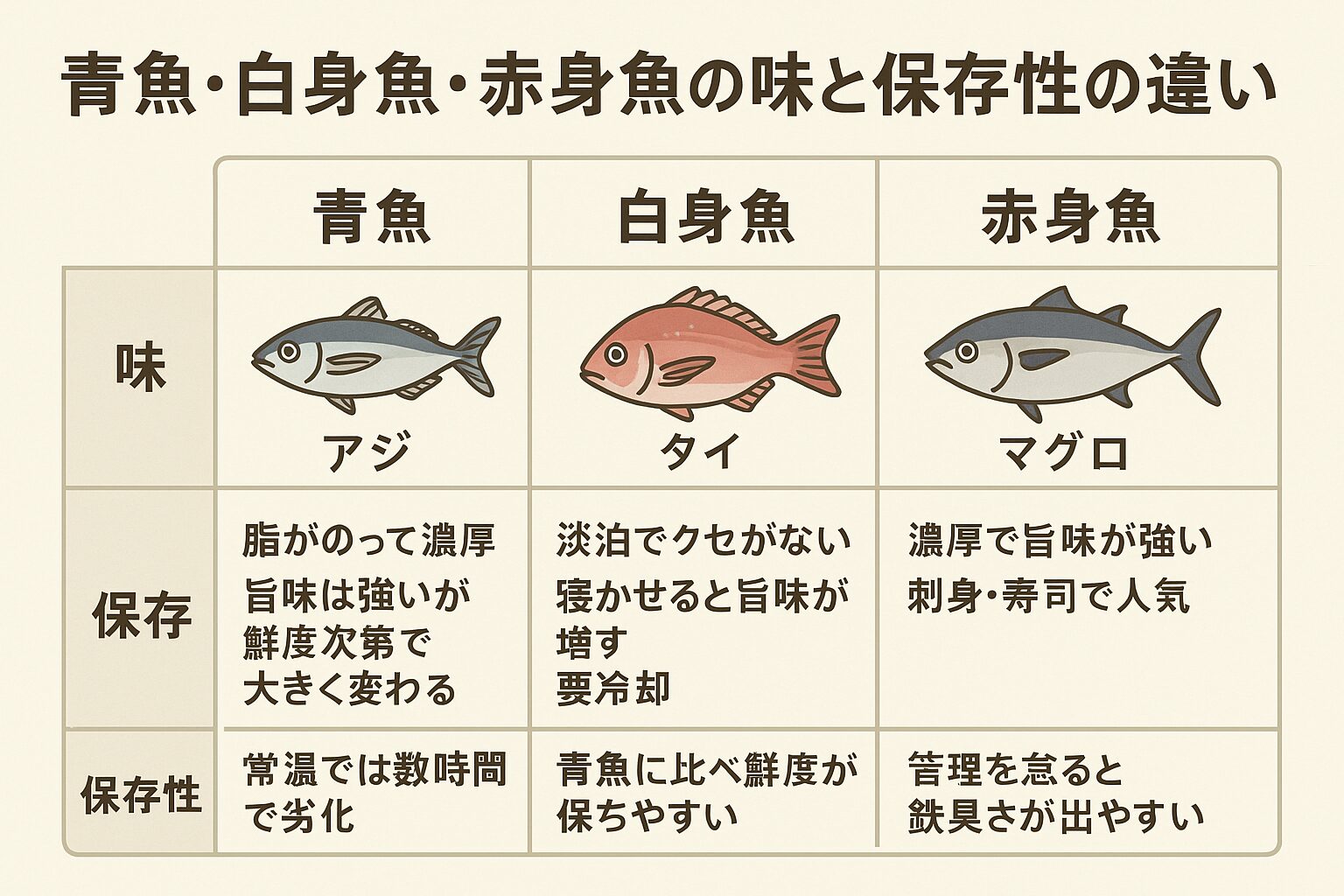 魚は、青魚は「旨味は強いが保存が難しい」 白身魚は「淡泊で保存性が高い」赤身魚は「濃厚で人気だが管理が難しい」釣太郎