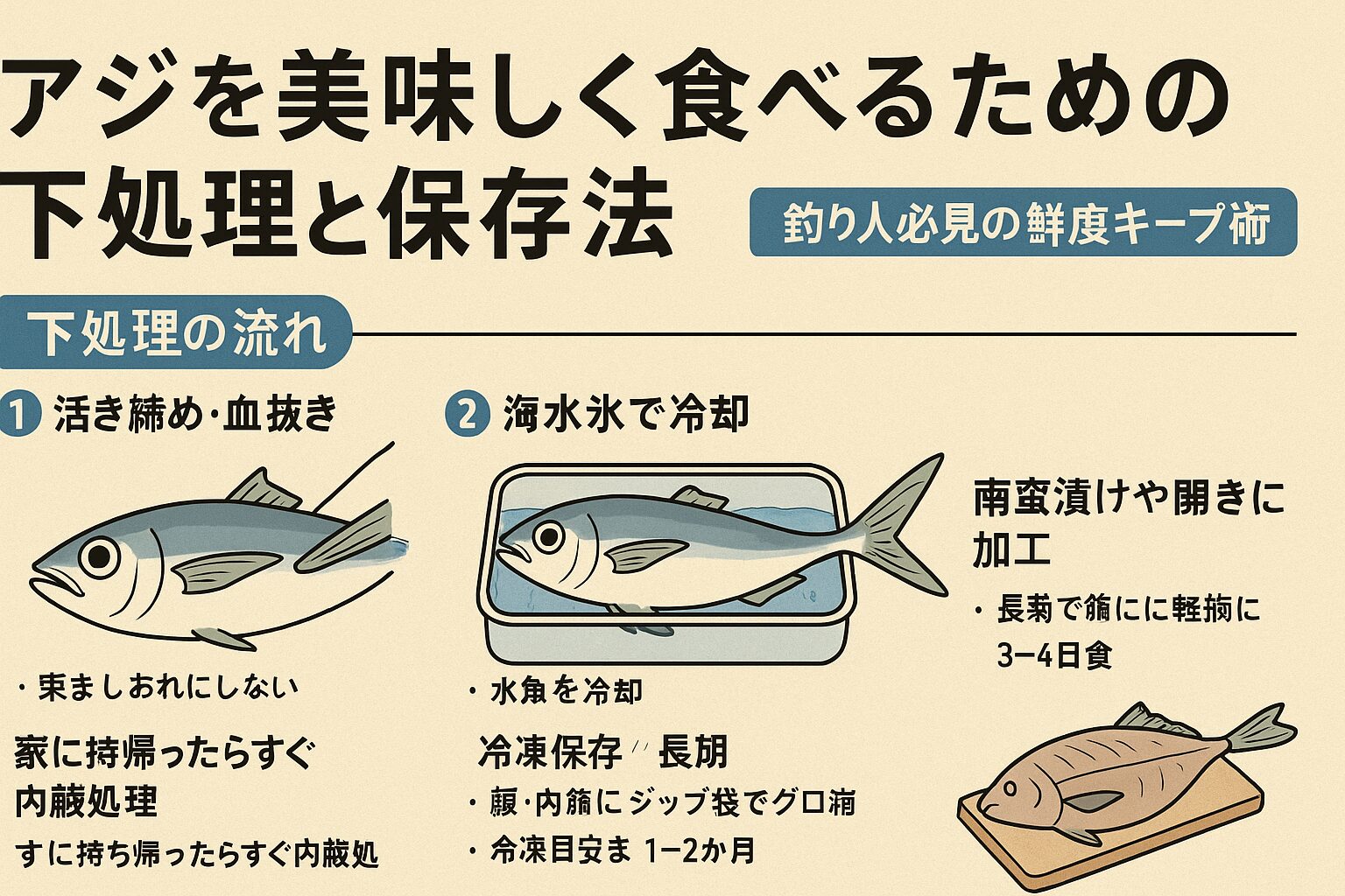 アジを美味しく食べる秘訣は、釣った瞬間の下処理と保存法にあります。釣り場では血抜き+海水氷で鮮度維持・帰宅後は内臓処理を優先。釣太郎