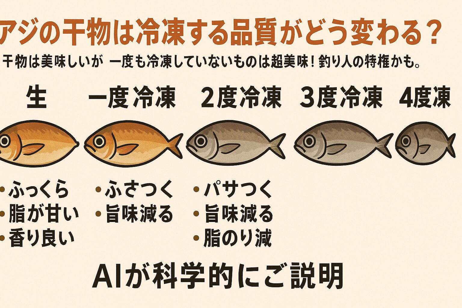 アジの干物は冷凍回数が増えるごとに味・食感・香りが確実に劣化。1度冷凍までは美味しさを大きく保てるが、2度以降は明確な差が出る。釣太郎
