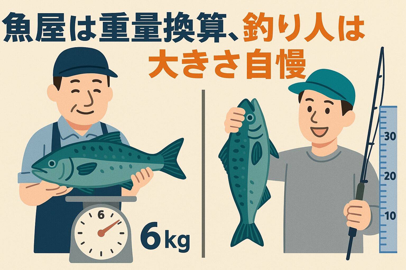 魚屋は利益を守るために重量換算。 釣り人は腕前を示すためにサイズ自慢。 同じ魚を見ても、立場によって評価はこれほど違います。釣太郎